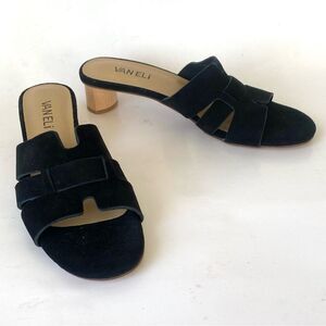 Vaneli Black Suede Mules with Wooden Heel sz 7 Preppy Coastal Old Money